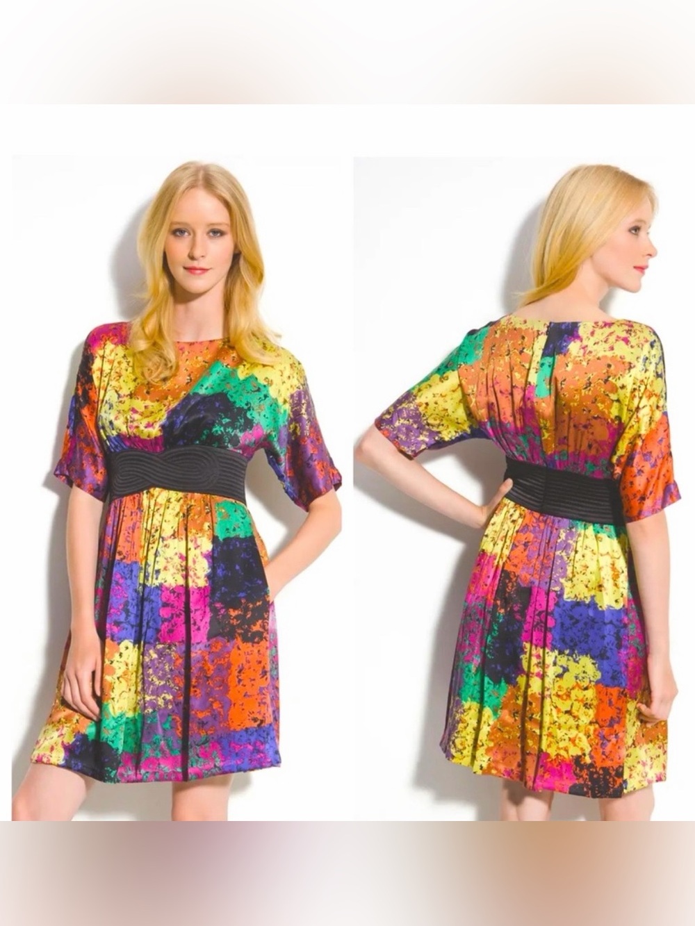 TRINA TURK Silk Multicolor Abstract Print Women’s Dress with Black Waistband